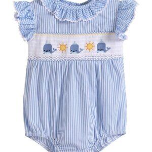 Lil Cactus Toddler girl blue stripe whale smocked romper size 2T NEW